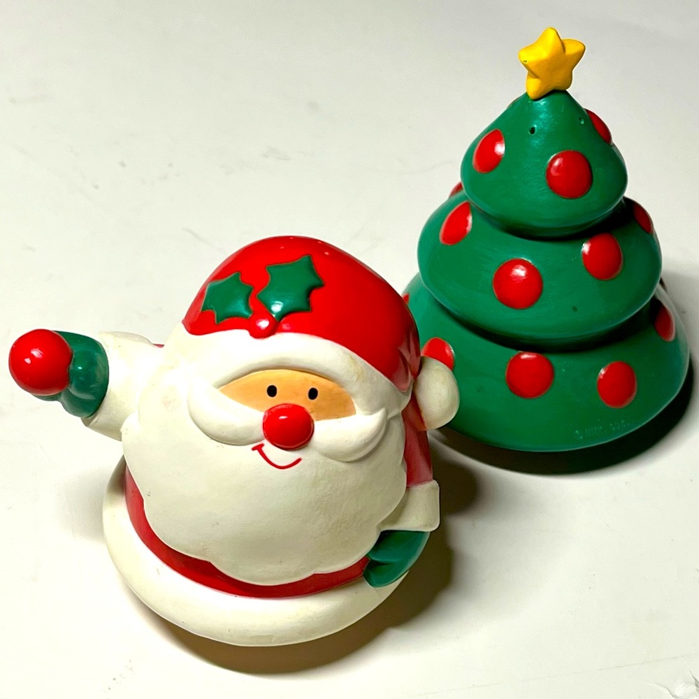 Hallmark Vintage Santa and Christmas Tree 3 Inch Tall Salt Pepper Shakers Set